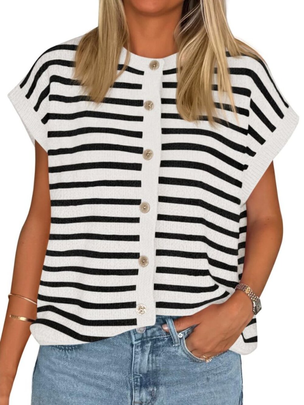 Womens Striped Cap Sleeve Sweater Vest Button Down Cardigan Tops